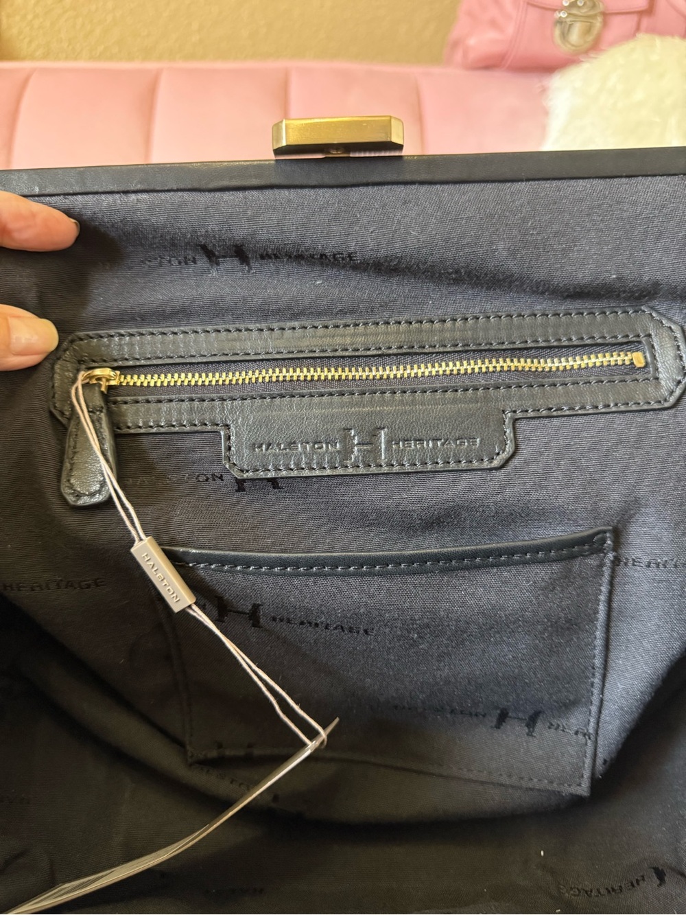 Halston Heritage Brushed Denim/Gold Doctors Bag w Leather Trim & Gold Hardware - Picture 15 of 16